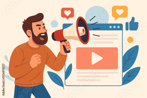 Influencer marketing concept with a man shouting through a megaphone for online advertisement. Digital promotion, social media engagement, and vlogger content creation. Vector illustration.