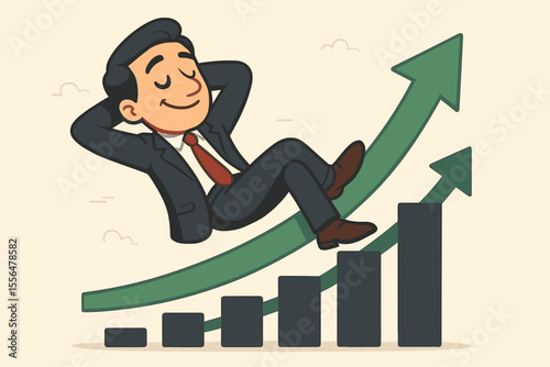 Investor relaxing on a growing profit chart. Successful investment and business growth. Concept of financial freedom, passive income, and profitable returns. Happy cartoon businessman.
