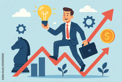 Businessman walking up success arrow graph holding lightbulb. Business growth, strategy and innovation concept. Career development, investment and financial profit. Vector illustration.