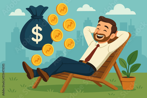 Successful investor character relaxing on a chair, concept of financial freedom and passive income. Happy businessman getting profit from stock market investment. Vector cartoon.