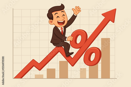 Happy businessman riding percentage symbol on upward financial graph. Cartoon vector illustration of investment growth, profit increase, successful returns, economic progress, finance concept