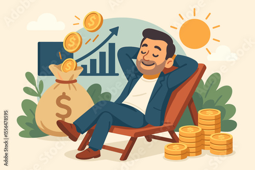 Investor enjoying financial freedom and passive income from stock market growth. Man relaxing with money bags and coins. Successful investment, wealth, and dividend concept vector.