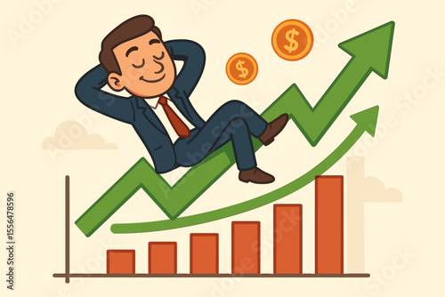 Successful investor relaxing on a growing profit chart. Businessman enjoys financial freedom and passive income from stock market growth. Bullish trend arrow and bar graph concept.