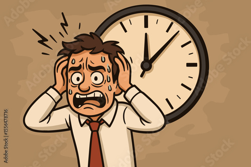 Stressed businessman under time pressure sweating, holding head in panic, deadline anxiety, cartoon vector illustration, overwhelmed office worker, clock background, workplace stress concept
