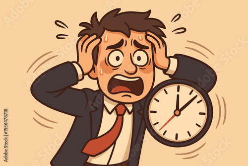 Anxious man under deadline pressure. Panicked businessman with clock expressing stress and fear. Concept for poor time management, work burnout, and being late. Vector cartoon.