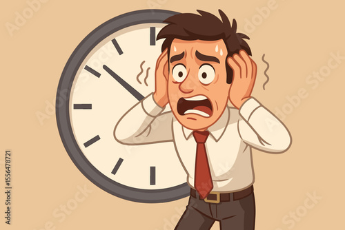 Businessman under pressure of time. Stressed man with clock and anxious expression. Office worker panic and fear of deadline. Concept of time management, burnout, crisis problem.