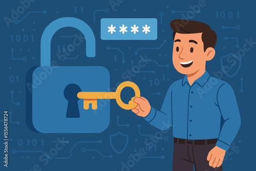 Cybersecurity concept. Man with key unlocking padlock. Data security and privacy protection. Authorized access, login, and password authentication. Digital technology. Vector illustration.