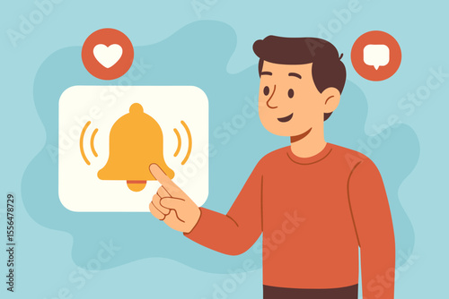 Social Media Notification Bell Activation Concept. Man Tapping Alert Icon for Updates, Engagement, Likes, Messages. Stay Connected, Online Communication, Digital Interaction. Vector Illustration