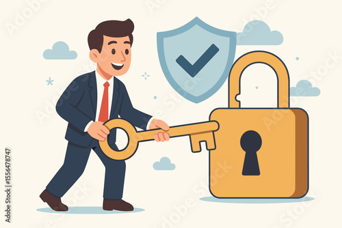 Businessman unlocking padlock with key, symbolizing authorized access, secure data protection, cybersecurity, privacy, safety, successful login, shield security concept, vector illustration