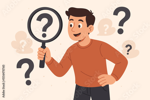 Curious man searching for answers with magnifying glass, surrounded by question marks. Problem solving, FAQ, investigation, confusion, inquiry, solution concept. Vector cartoon illustration.