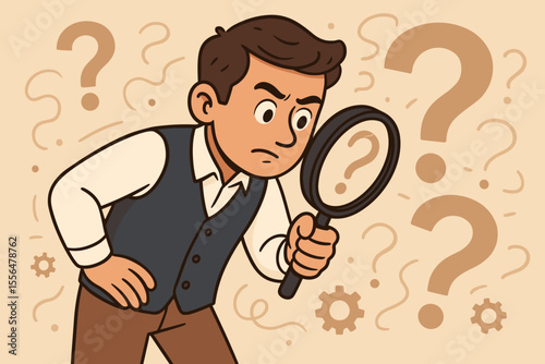 Man with magnifying glass looking for answers. Character searching and investigating question marks. Concept of problem-solving, curiosity, research, analysis, knowledge, and doubt.
