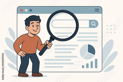 Man with magnifying glass searching online. SEO data analysis and web research concept. Character browsing internet website for business information and analytics. Vector illustration.