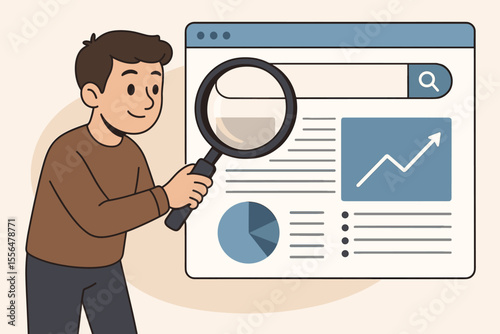 Man with magnifying glass analyzing data on website. Concept of SEO analysis, market research, business analytics. Vector cartoon illustration of information search and data growth.