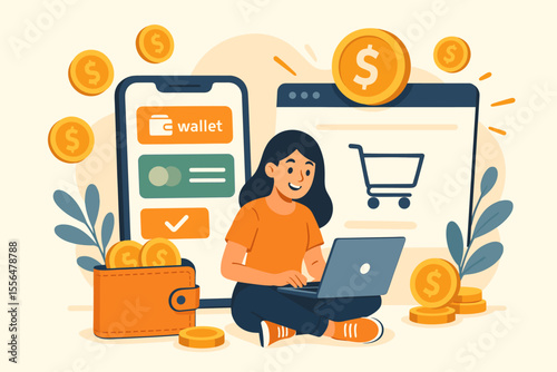 Cashback online shopping concept. Woman with laptop makes digital payment using e-wallet app. Customer gets money reward from internet purchase. Smart finance, saving, loyalty program.