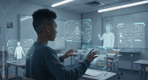 Boy explores holographic data in classroom
