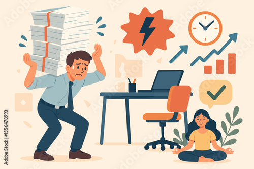 Workplace stress and well-being concept. Stressed employee with heavy workload vs calm woman meditating. Burnout, pressure, anxiety vs balance, mindfulness, and mental health.