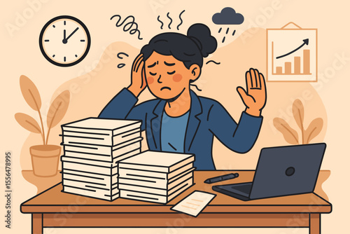 Professional burnout concept. Stressed business woman overwhelmed by heavy workload. Tired female employee under deadline pressure. Mental health vector cartoon illustration.