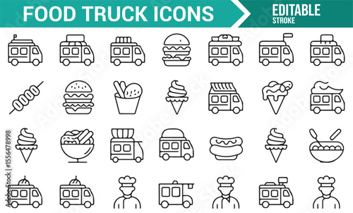 Collection of food truck symbols featuring meals like burgers, fries, and pizza for street food and restaurant designs.