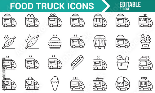 Vector icons of food trucks, including various foods and chef-related items for restaurant and food service designs.