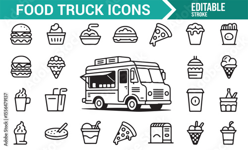 Icons representing food trucks, burgers, pizza, and kitchen items for use in food-related and catering designs.