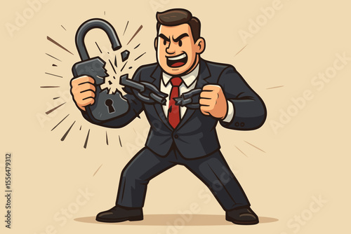 Strong businessman breaking padlock and chains. Metaphor for freedom, power, success, and finding a solution. Overcoming challenges, breaking barriers, unlocking potential. Vector.