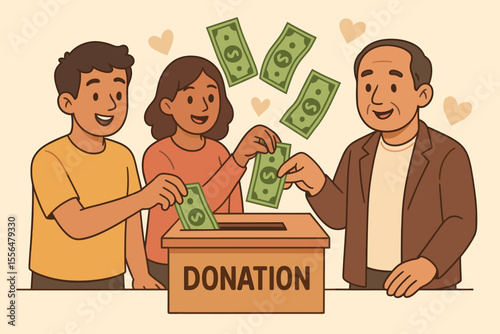 People giving money for charity donation concept. Community helping and supporting with financial contributions. Fundraising event for a cause. Generosity and social assistance vector.