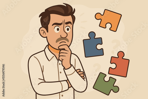Confused man thinking about a challenging problem. Businessman pondering puzzle pieces for a solution. Concept of brainstorming, strategy, analysis, and decision making vector.