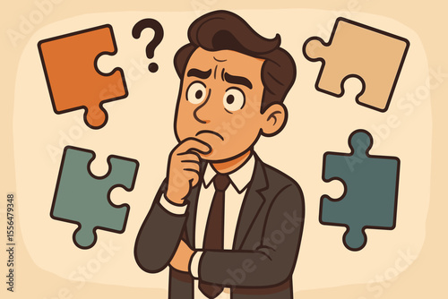 Problem solving concept. Perplexed businessman thinking. Man with question mark and puzzle pieces. Metaphor for challenge, strategy, solution, business dilemma, complexity, finding answers.