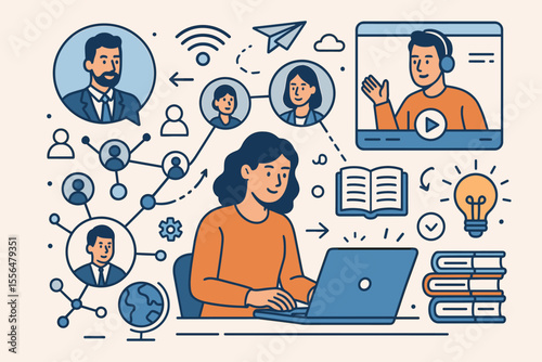 Concept of e-learning, online education and business communication. Woman works remotely on laptop, networking and learning new skills through webinars for professional career growth.
