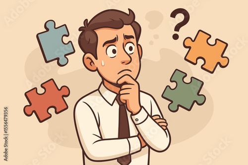 Confused businessman thinking, looking for a solution. Puzzled man with question mark and jigsaw puzzle pieces. Concept of problem-solving, challenge, doubt, and strategy. Vector.
