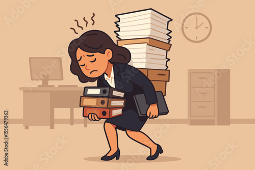 Stressed businesswoman carrying heavy paperwork. Metaphor for burnout, job pressure, and heavy workload in a corporate office. Tired, exhausted female employee struggling with deadlines.