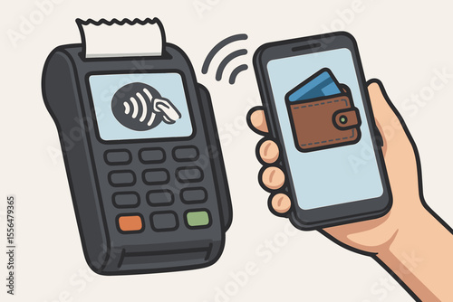 Contactless payment with smartphone at a POS terminal. Customer hand holds phone with a digital wallet app for an NFC transaction. Mobile commerce, cashless society, fintech vector.