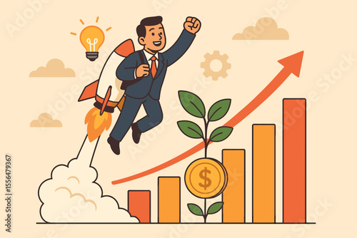 Businessman with rocket jetpack flying up over growth chart. Business startup launch, success and finance concept. Career boost, investment and innovation metaphor vector illustration.