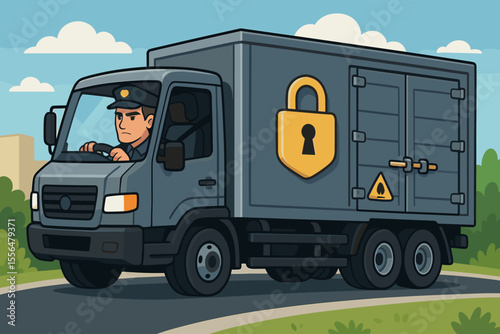 Secure cargo transportation concept. Armored truck with driver ensuring safe delivery of valuable or hazardous goods. Logistics and shipping security. Vector cartoon illustration.