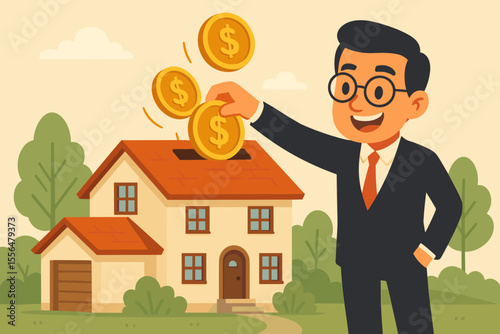 Businessman putting gold coins into a house piggy bank. Real estate investment, property mortgage, and saving for a home concept. Financial growth and wealth building cartoon vector.
