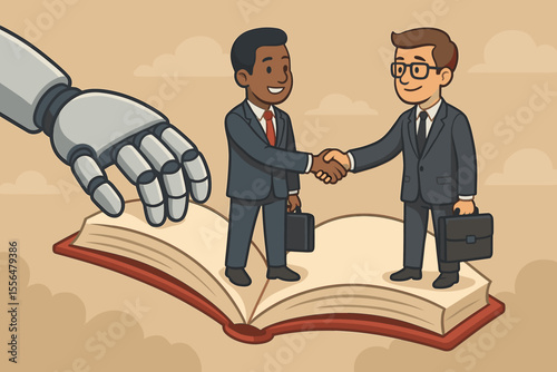 AI business partnership concept. Robot hand on book with diverse businessmen shaking hands. Metaphor for technology, international collaboration, knowledge and multicultural agreement.