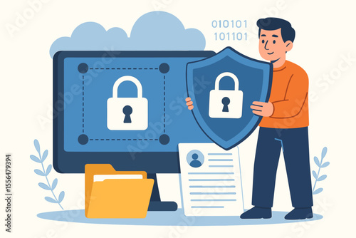 Cybersecurity concept with character protecting data. Man holding shield for information privacy and network security. Cloud computing, secure server, and confidential file safety.