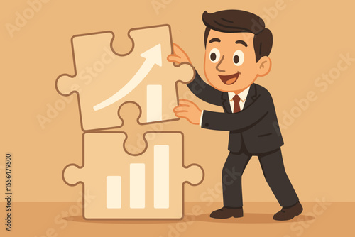Business solution concept. Businessman connecting puzzle pieces with a growth chart. Metaphor for strategy, success, financial development, and problem-solving. Cartoon vector.