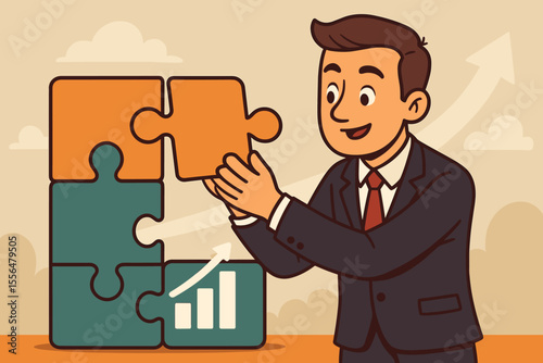 Businessman assembling a jigsaw puzzle for business growth. Metaphor for solution, strategy, and success. Corporate manager connecting pieces for financial development. Cartoon vector.
