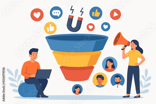 Social media marketing funnel for lead generation. Man on laptop and woman with megaphone attracting customers. Converting online audience into qualified leads with a magnet strategy.1
