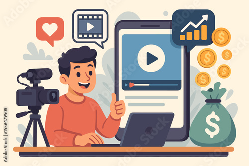 Vlogger creating video content for social media. Concept for monetization, passive income, influencer marketing. Digital creator with camera and laptop. Financial growth from online work.