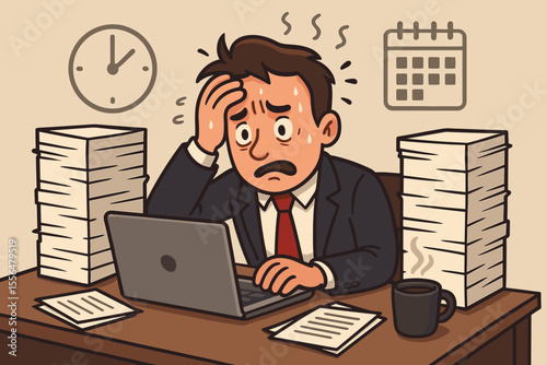 Stressed businessman overwhelmed by work. Anxious employee feeling pressure from deadlines and paperwork. Office worker suffering from burnout, fatigue, and anxiety at his desk. Vector.