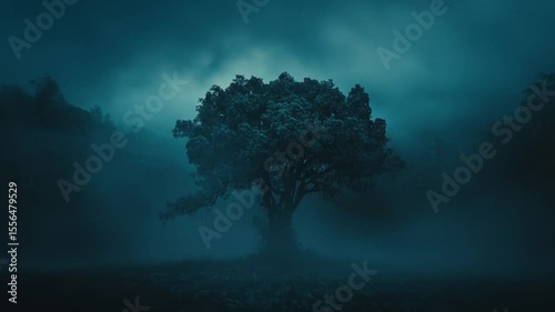 Mysterious misty forest tree