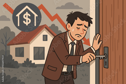 Man struggling with mortgage payments and housing debt. Stressed homeowner facing financial hardship and foreclosure risk during economic crisis or recession. Cartoon vector concept.
