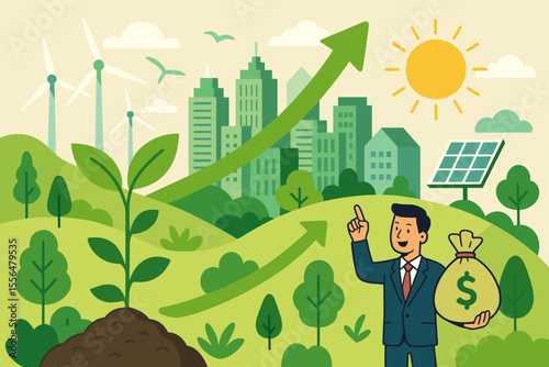 Sustainable economic growth and ESG investment concept. Green business prosperity for a better future. Businessman with money pointing to a renewable energy city with wind and solar power.