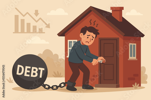 Man chained to debt ball struggles with mortgage payments. Financial crisis concept. Homeowner facing foreclosure risk during housing market crash. Economic recession, property loan hardship.