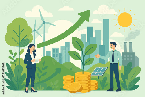 Sustainable economic growth concept with green energy. ESG and environmental stewardship for business prosperity. Vector illustration of investment in a renewable future with city and nature.