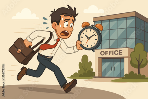 Tardy employee running late for work. Stressed businessman with briefcase and alarm clock rushing to the office. Poor time management, deadline pressure concept vector illustration.