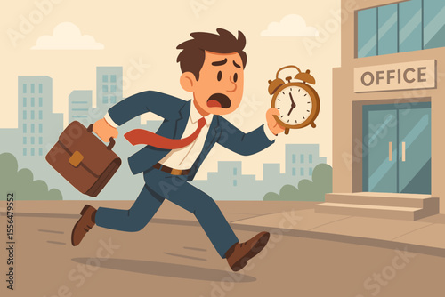 Stressed businessman running late for work. Panicked employee with clock and briefcase rushing to the office. Time management and deadline concept. Cartoon vector illustration.