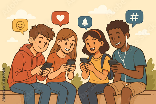 Group of diverse teenagers using smartphones for social media. Friends texting and chatting online. Generation Z communication concept with mobile phones. Vector cartoon illustration.